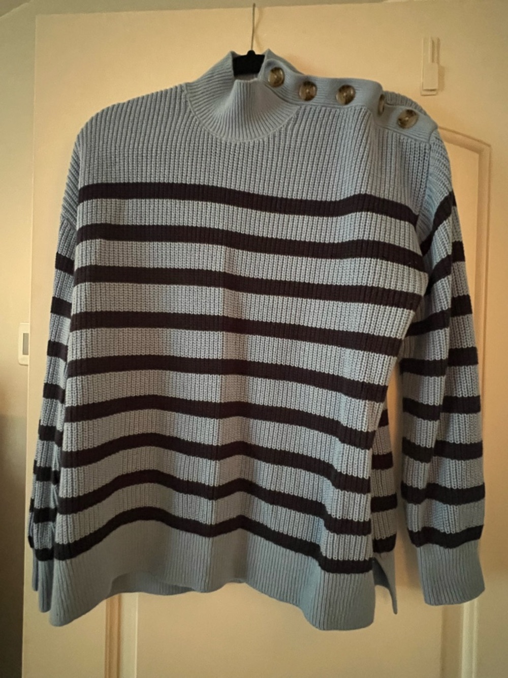 LOFT Striped Button-Shoulder Knit Sweater in Light Blue and Navy